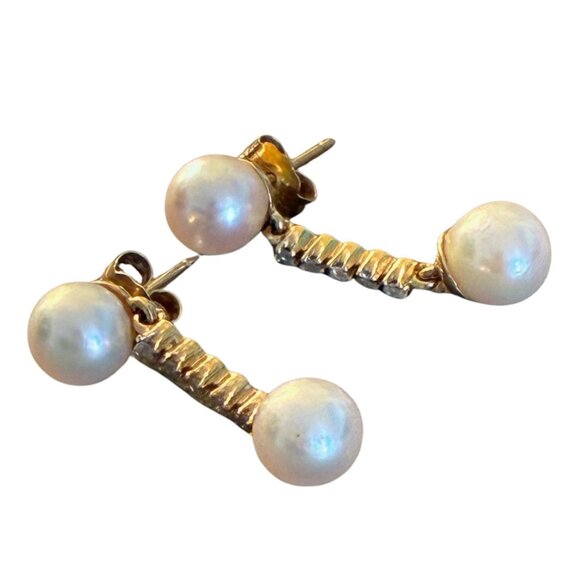 Pearl and Diamond Drop 14K Earrings Vintage - Picture 5 of 10